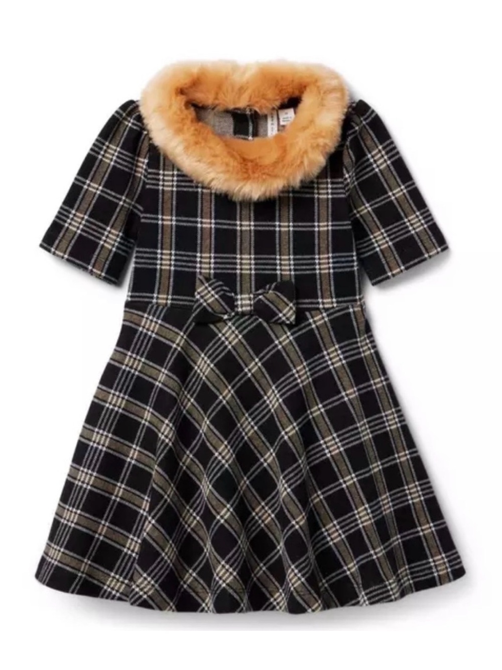 Janie and Jack Girls’ Short-Sleeve Faux Fur Collar Tartan Plaid Dress • Size 6